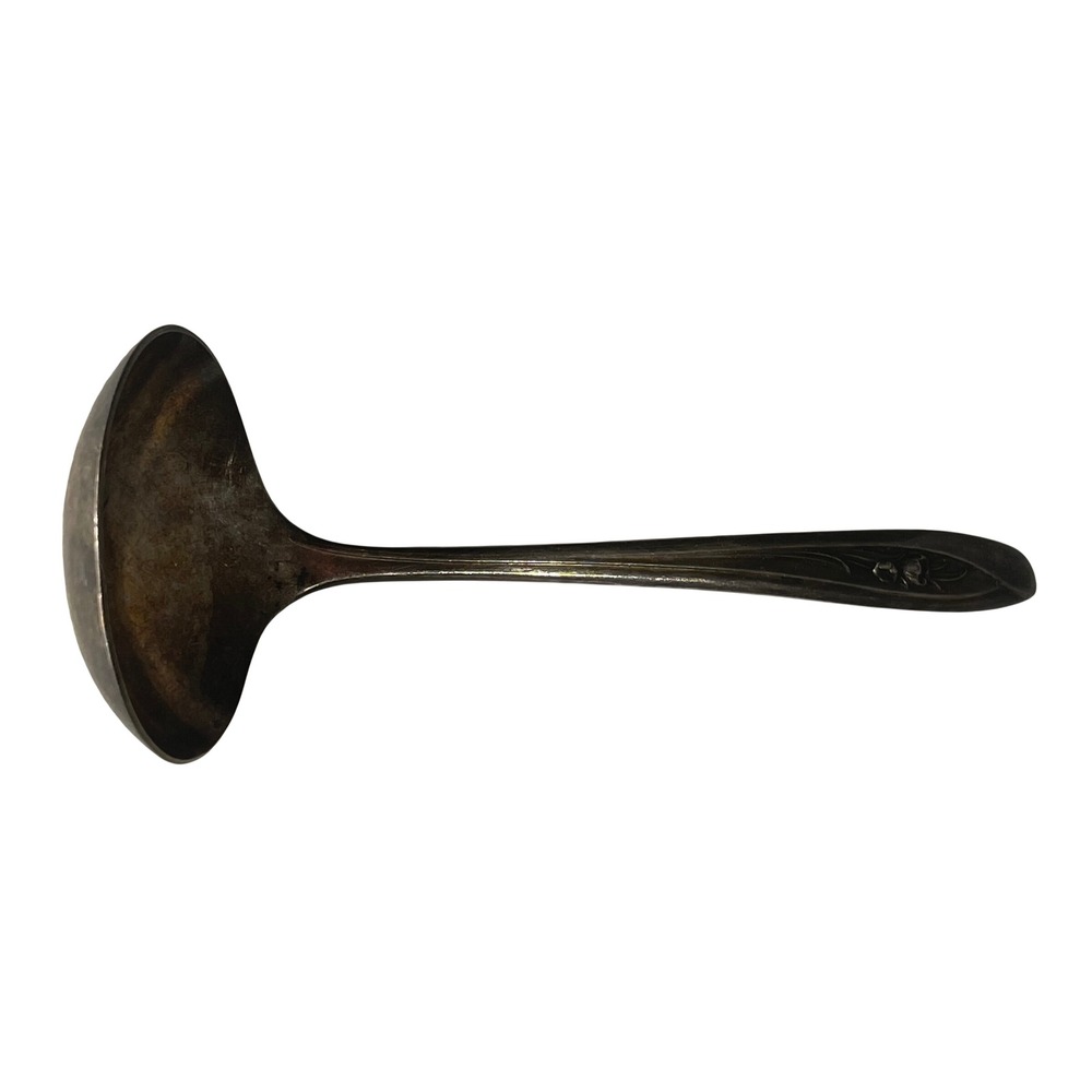 Vintage Silver Tulip IS Silverplate Gravy Ladle Hand Stamped Love Floral 6.25in